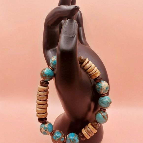 Imperial Jasper, Bronzite, Copper and Coconut Husk Chunky Bracelet - Picture 2 of 5